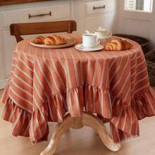 1pc French Vintage Green Plaid Fabric Ruffle Edge Tablecloth, Pleated Hem Round Tablecloth, INS Style Home Restaurant Dining Table Decor Cloth - Red - View 5