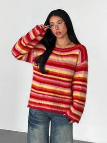 Women's Autumn/Winter Dropped Shoulder Striped Fuzzy Knit Sweater, Loose Long Sleeve Multi-Color Striped Pullover - Pink - View 2