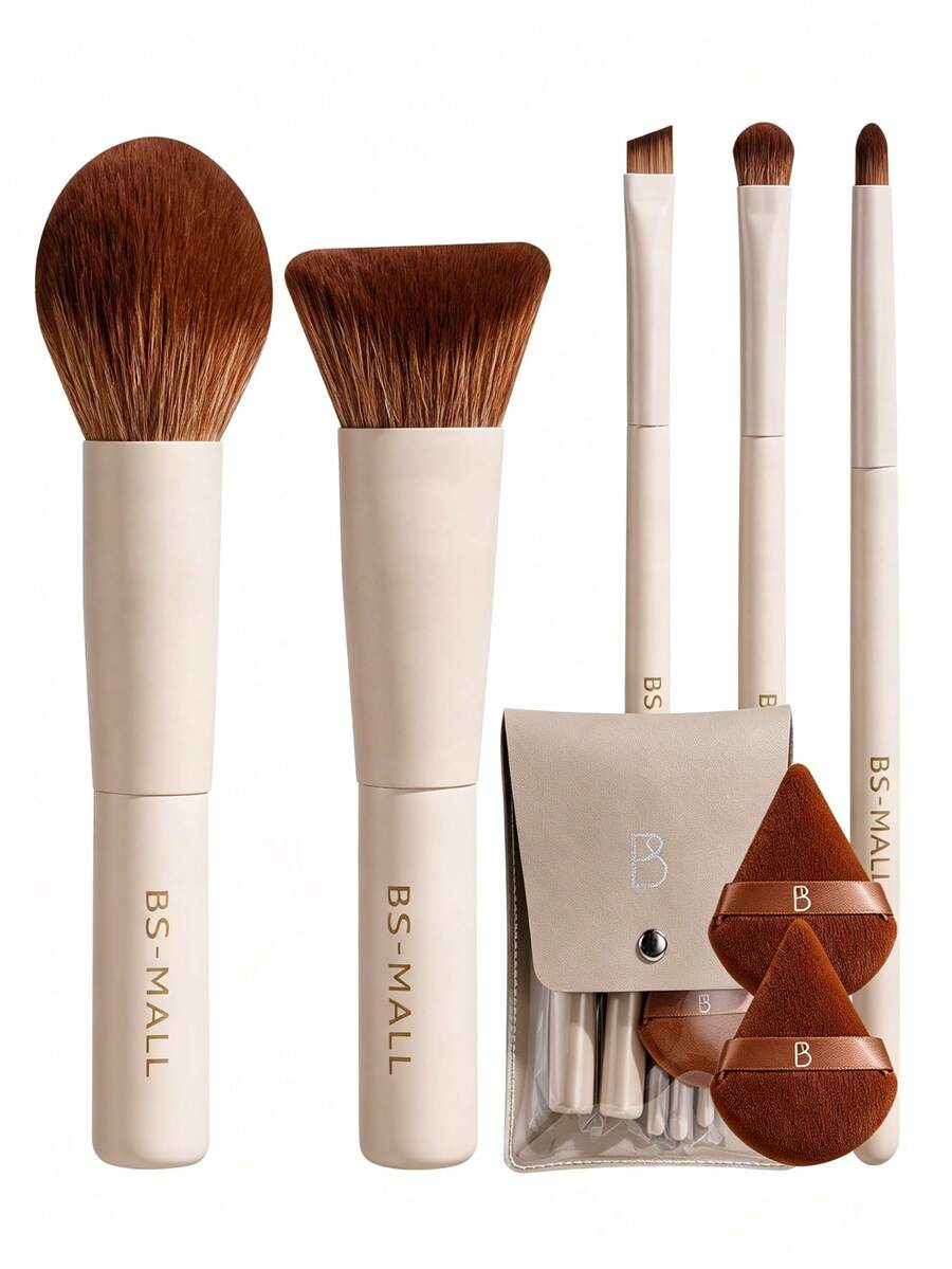 BS-MALL Small Size Makeup Brushes Powder Puff Set Mini Full Complete Function Cosmetic Brushes Kit With Makeup Puff - Apricot - View 1