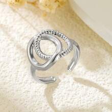 1pc Elegant Silver 304 Stainless Steel Double Ring Interlocking Twisted Decorative Open Ring Suitable For Women Daily Wear Adjustable Stackable - Multicolor - View 3