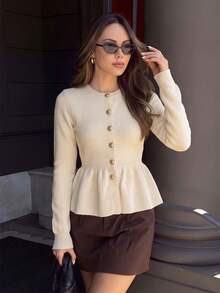 2026SS New French Style Fitted Waist Fishtail Hem Knit Cardigan, Slim Fit Textured Round Neck Single-Breasted Short Sweater - Apricot - View 3