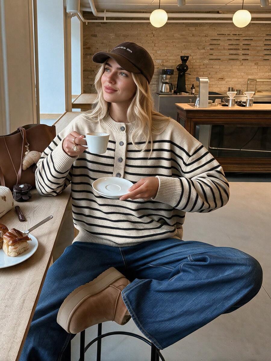 NOVELLE Women's Elegant Casual Striped Long Sleeve Knit Sweater, Loose Layering Style Button-Up Cardigan Pullover, Suitable For Dates, Gatherings, - Khaki - View 1