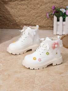 Autumn/Winter Sweet Floral Girls' Boots, Thermal Lined, Soft Sole, Anti-Slip, Stylish White Princess Ankle Boots - White - View 5