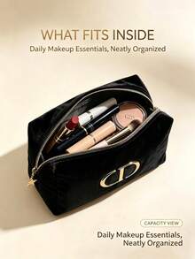 DIOR Black Pearlescent Velvet CD Makeup Bag For Women, High-End Large Capacity Portable Storage Bag With Star Zipper, Travel Toiletry Bag - Black Velvet Bag - View 3