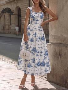 DONICY 女款白色與藍色 Toile De Jouy 印花細肩帶中長洋裝，方領、胸前抓褶、收腰，休閒度假風 - 彩色 - 查看 9
