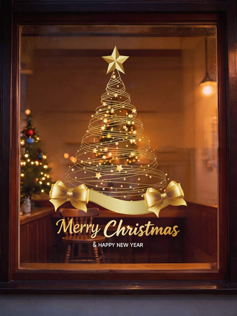 1pc Christmas Gold Window Static Cling Sticker, Christmas Tree / Gift Box / Wreath Pattern Electrostatic Adsorption PVC Window Decal, Glue-Free Easy Removal, Suitable For Home, Bathroom, Shop Glass, Holiday Atmosphere Decoration - Gold - View 1