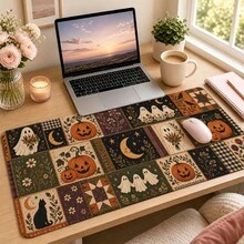 Halloween Patchwork Extended Mouse Pad, 3 Spooky Styles Available, Pumpkin Ghost Black Cat And Bat Desk Mat, Polyester Surface With Non-Slip Rubber Base For Home Office, Dorm, Study And Gaming, 3 Sizes Available - View 1