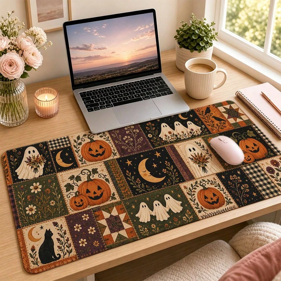 Halloween Patchwork Extended Mouse Pad, 3 Spooky Styles Available, Pumpkin Ghost Black Cat And Bat Desk Mat, Polyester Surface With Non-Slip Rubber Base For Home Office, Dorm, Study And Gaming, 3 Sizes Available - View 1