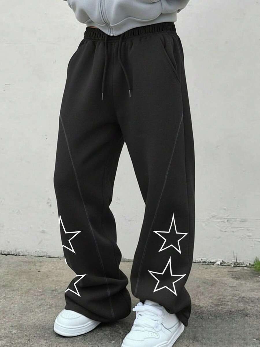 Camvyn Men's Lightweight Fashionable Versatile Letter Print Curved Blade Design Straight Leg Casual Pants, Summer - Black - View 1