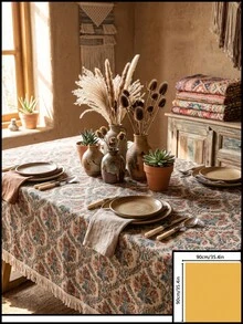 1pc Beige Background Blue Red Green Vintage Paisley Floral Pattern Tablecloth, Retro Bohemian Style Woven Fabric Material, Rectangular Beige Tassel Edge Detail, Stain-Resistant Protective And Decorative Function For Home Dining Table, Suitable For Bohemian Dining Table Decor And Daily Home Scenes - Khaki - View 15