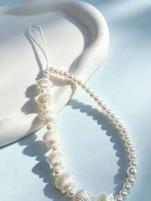 White Faux Pearl Shell Beaded Phone Wrist Strap, Elegant Ocean Style Shell Pendant Hand Rope, Aesthetic Vacation Decorative Accessory, Suitable For Phone Cases, Bags And Keys - White - View 3