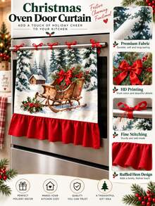 Christmas Sleigh Oven Curtain, Watercolor Winter Forest Cabin Print Ruffle Edge Oven Mitts, Kitchen Decor - Christmas Sleigh Door Curtain - View 7