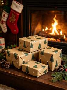1 lembar Kertas Pembungkus Kado Bertema Pohon Natal - Menampilkan Teks "Selamat Natal" Beserta Pola Pohon Natal, Bintang, dan Kepingan Salju; Cocok untuk Membungkus Kado Natal, Hadiah, Buket Bunga, Suvenir, dan Souvenir Pesta. - Satu ukuran cocok untuk semua. - View 4