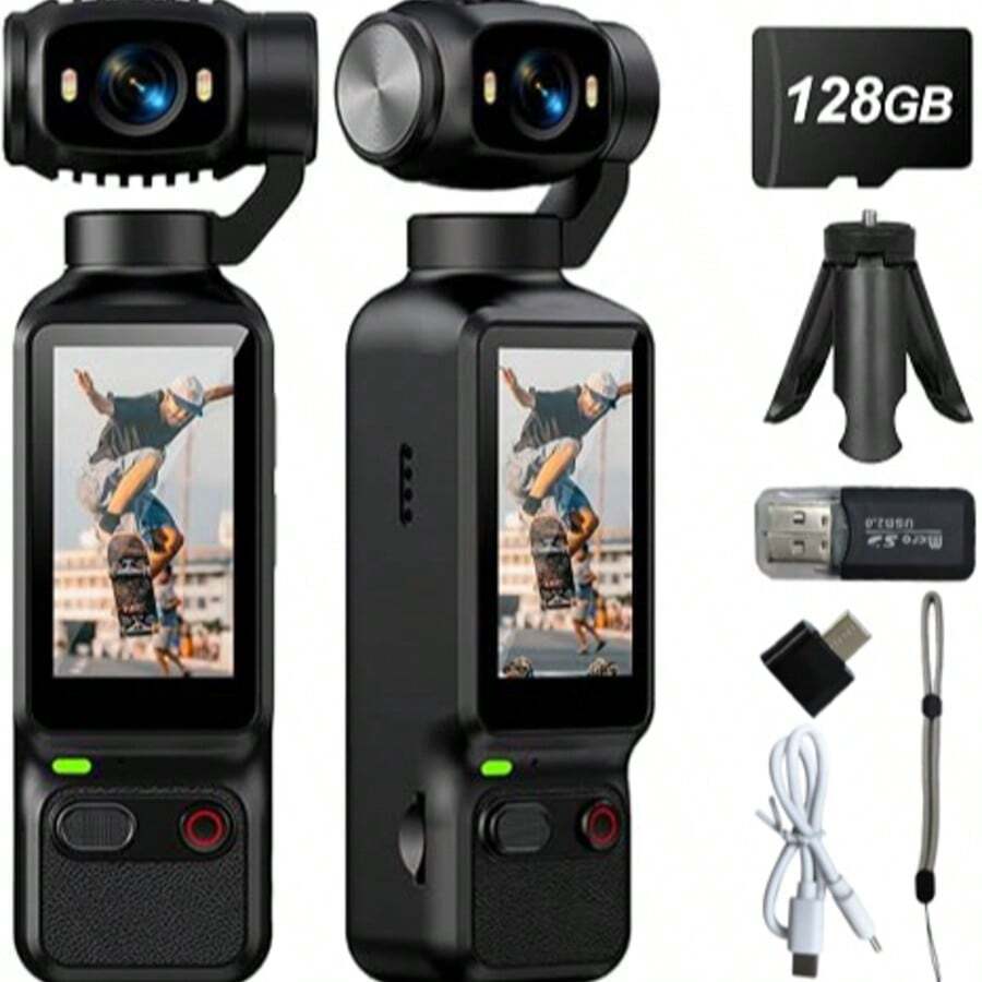 ZANQIU Portable Handheld Sports Camera, 4K Ultra HD Pocket Camcorder With 1.3 Inch LCD Screen, 180° Rotatable Lens, Fill Light, Loop Recording, Suitable For Vlogging, Travel, Outdoor Sports (128GB)