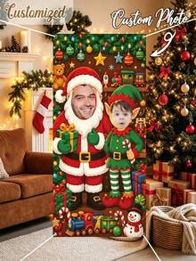 Custom Photo 2D Flat Banner, Santa Claus And Elf Cut-Out Photo Theme, Christmas Winter Theme Face Cut-Out Photography Banner, With String Lights, Gifts, Snowman, And Toy Prints, Party Background - Multicolor - View 4