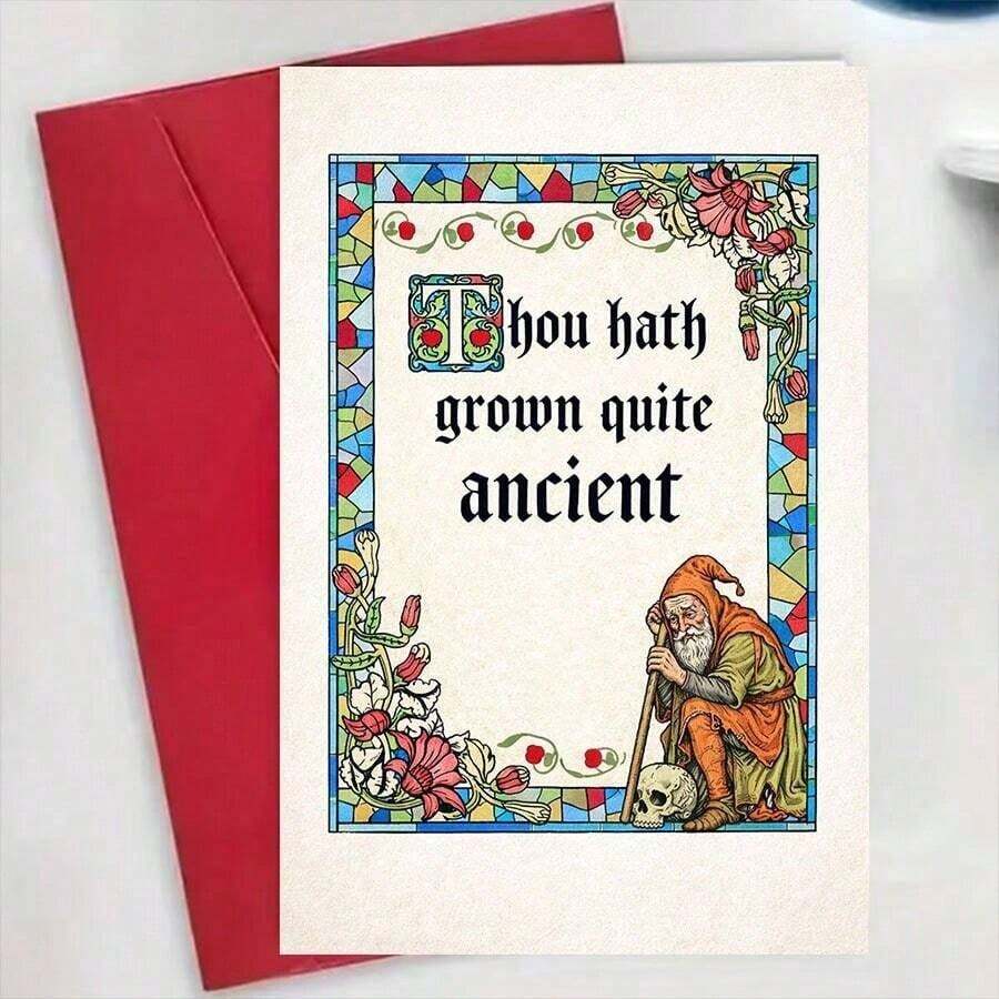 OBOVAY (1 Greeting Card And 1 Envelope), 1 Humorous Greeting Card, Suitable For Friends To Joke About Age With Medieval Style Illustration, Used For Lighthearted Sharing Of Life Moments - A - View 1