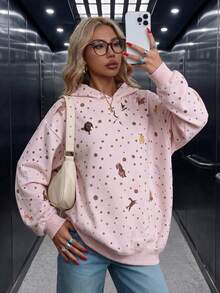 女款休閒抓絨內裡動物波點印花寬鬆連帽衛衣，適合秋冬日常穿著，秋冬服飾，冬季穿搭，外出穿搭，可愛風格 - 淺粉色 - 查看 1