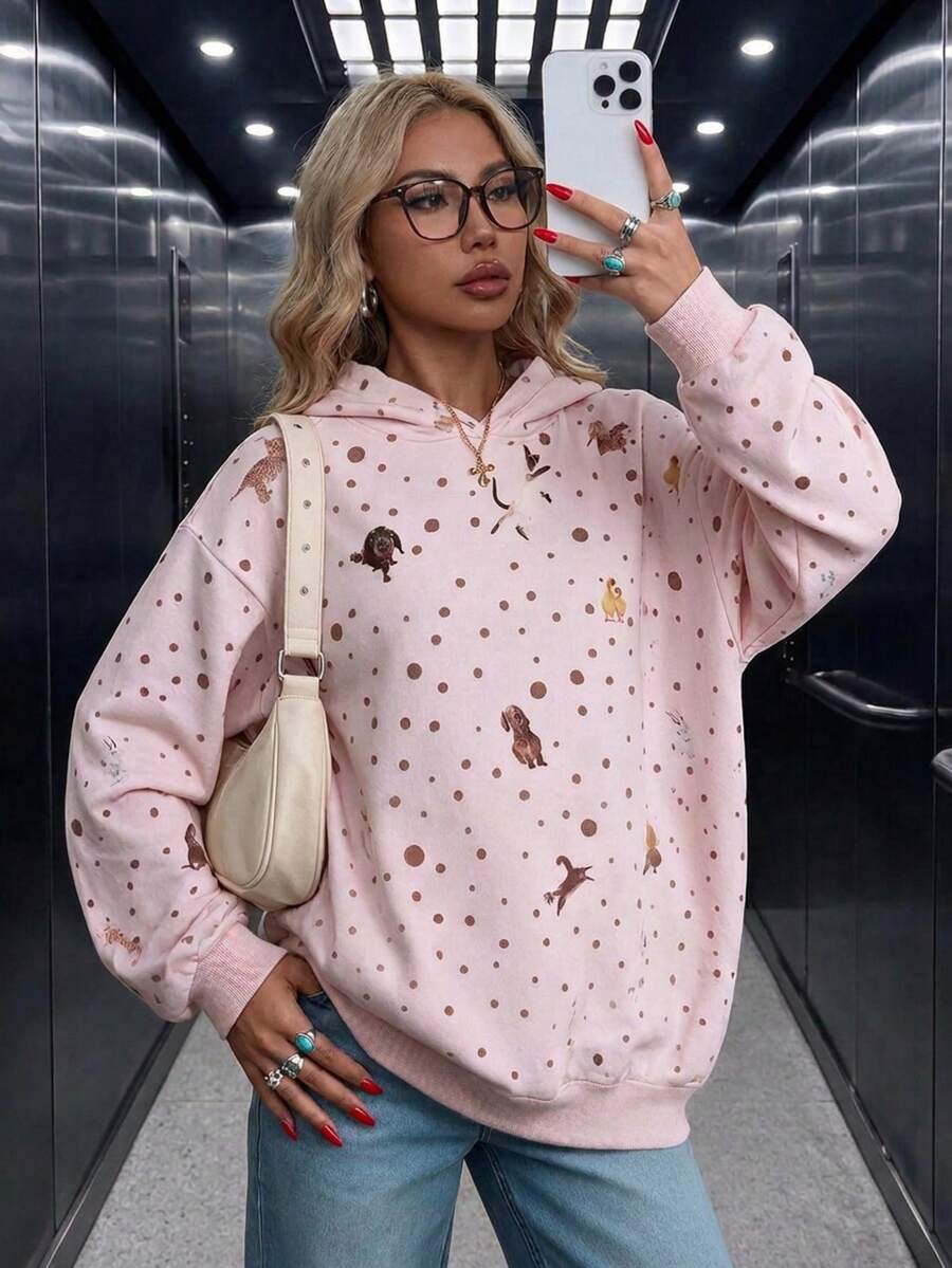 女款休閒抓絨內裡動物波點印花寬鬆連帽衛衣,適合秋冬日常穿著,秋冬服飾,冬季穿搭,外出穿搭,可愛風格 - 淺粉色 - 查看 1