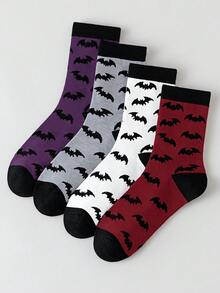 1/5 Pairs Black White Red Gray Halloween Men Women Couple Contrast Color Bat Pattern Mid-Calf Socks - Multicolor - View 5
