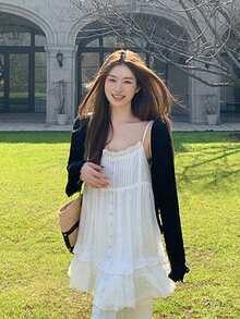 Y6Y 2026 New Korean Style Black Minimalist Sexy Cardigan, Ruffle Edge Versatile Loose Fit Sun Protection Long Sleeve Women Knit Sweater Top - Black - View 3
