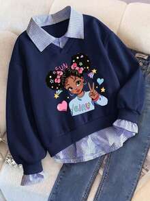 Tween Girl Letter Print Warm 2 In 1 Sweatshirt - Royal Blue - View 1