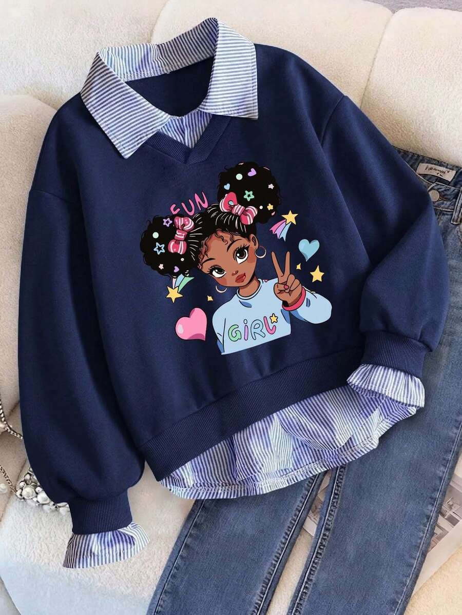 Tween Girl Letter Print Warm 2 In 1 Sweatshirt - Royal Blue - View 1
