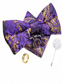5Pcs Men Formal Bow Tie Set, Purple Tropical Plant Jacquard Pattern Pocket Square Cufflinks Ring Boutonniere, Cufflinks Pattern Random - Purple - View 1