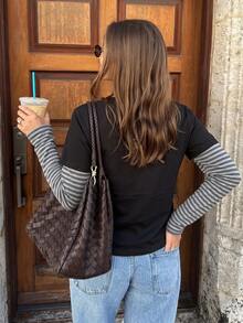 Vintage Striped 2 In 1 Long Sleeve T-Shirt Women's Autumn Inner Layer Base Top Design - Black - View 3