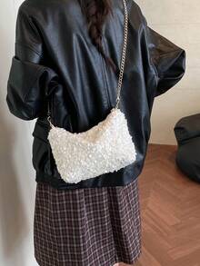 時尚新款亮片鏈條女款小方包 多功能單肩包 餃子造型零錢包 - 米色 - 查看 7
