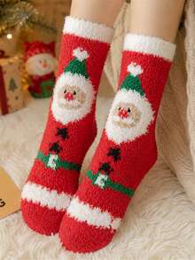 1/3 pares de calcetines de felpa navideños para mujer, calcetines de coral con diseños de Papá Noel, renos y acebo, suaves, esponjosos, cómodos y cálidos para dormir en casa durante las vacaciones de invierno - Multicolor - Ver 5