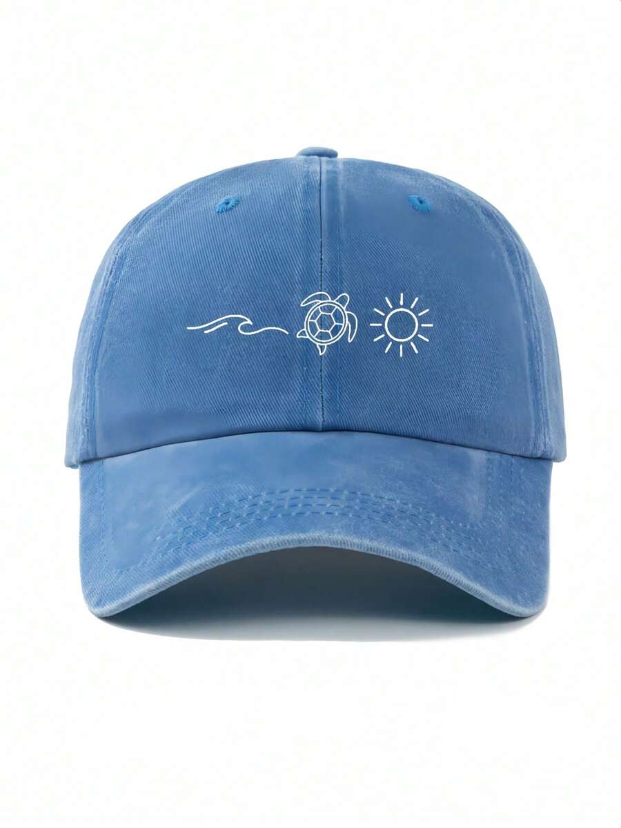 1pc Fashion Ocean Turtle Sun Pattern Printed Vintage Washed Baseball Cap, Daily Outfit Hat Summer Essential Outdoor Sports Baseball Cap, Lightweight Comfortable, Sweat-Absorbent Breathable Sun Protection Hat, Suitable For Street And Daily Life Use - Puro Suco Do Brasil - View 1
