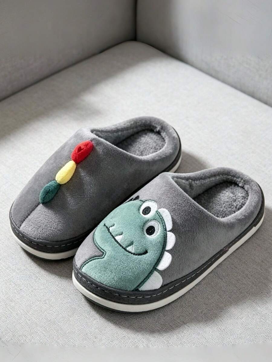 Kids Winter Warm Indoor Plush Dinosaur Slippers For Boys And Girls - Grey - View 1