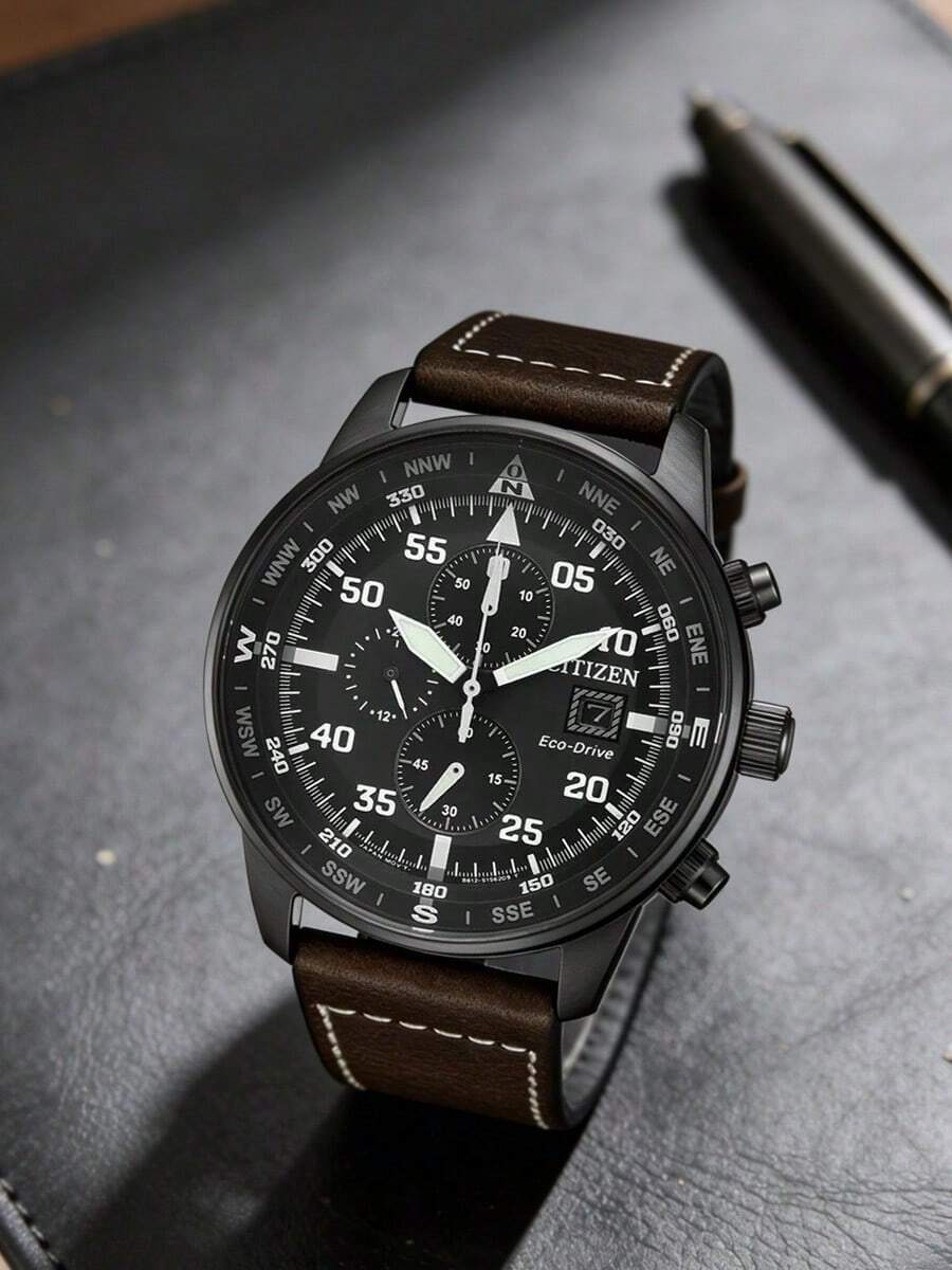 Citizen -Drive Men's Chronograph Watch CA0695-17E Black Dial Brown Leather Strap 44mm - Brown - View 1