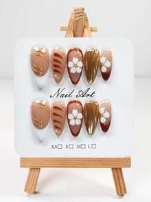 YINZIJIA 10 Pieces, Pure Handmade Nude Base Color Classic Red Brown Color Scheme, Handmade Gold Line Gold Beads, Medium Almond Shaped Pure Handmade Nail Art Set, Suitable For Daily And Holiday Wear Of Girls And Women, Including 1 Nail File And Jelly Glue - Multicolor - View 10