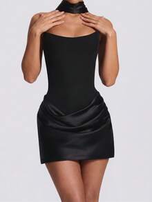 Elegant Fashion Strapless Sexy Backless Satin Dress Draped Lace Up Mini Bodycon Dress Summer Black Evening Night Out Party Dress For Women Clothes - Black - View 9