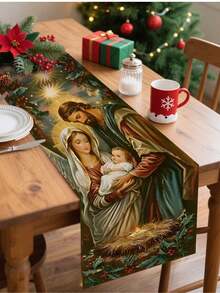 1PC Polyester Christmas Nativity Scene & Holly Berry Pattern Rectangular Table Runner, Religious Holiday Style 100% Polyester Table Runner With Vibrant Holy Family & Star Details, Wrinkle-Resistant & Easy To Wash - A - View 5