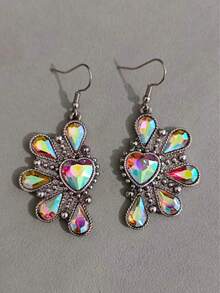 Women's Bohemian Style Water Drop & Heart Rhinestone Petal Dangle Earrings, Suitable For Daily Wear, Commuting, Dating, Parties - Petal - View 5
