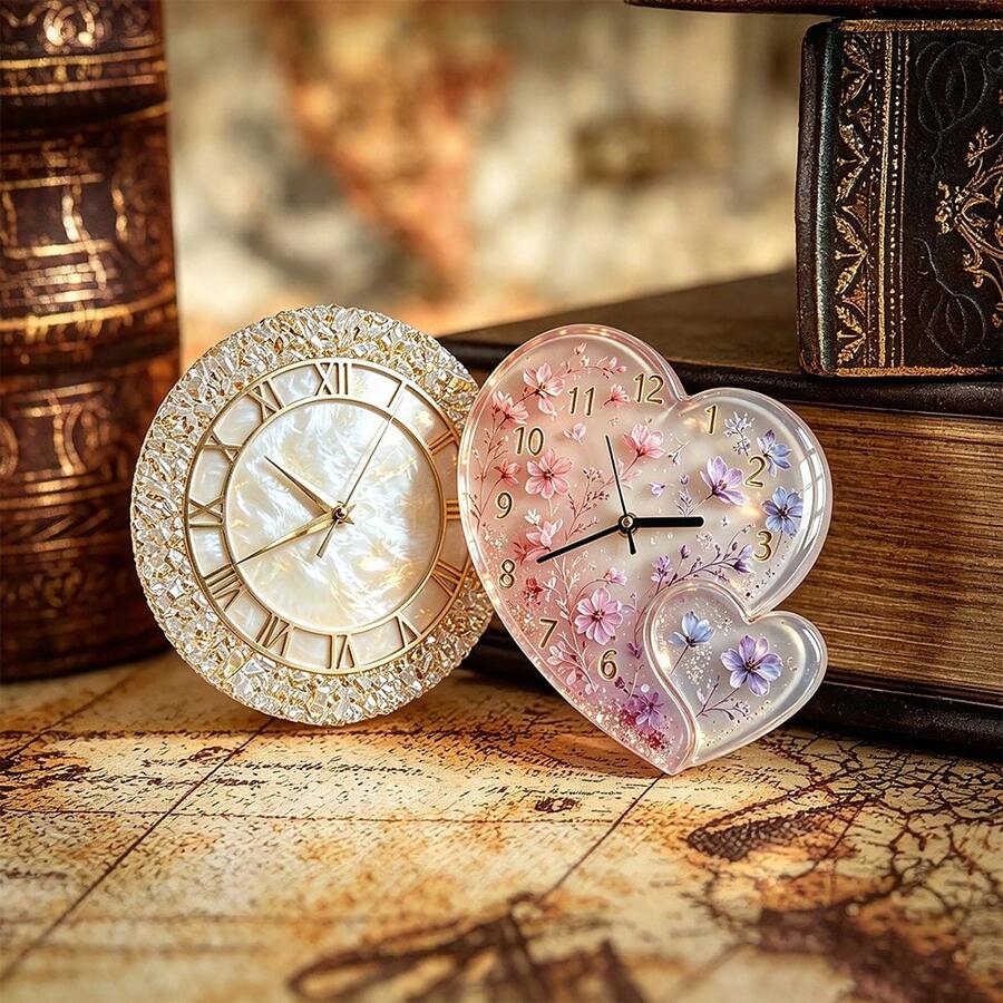 Double Heart & Round Clock Mold, Suitable For Epoxy Resin Casting, DIY Arabic Numeral Silicone Mold, Used For Wall Clocks, Handicrafts, Resin Casting, Perfect For Making Clock Gifts - Round Diamond Face Watch Mold - View 1