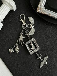 1PC Heart Wing Keychain Multi-Element Keyring Vintage Cat Personalized Bag Charm Accessory - Multicolor - View 4