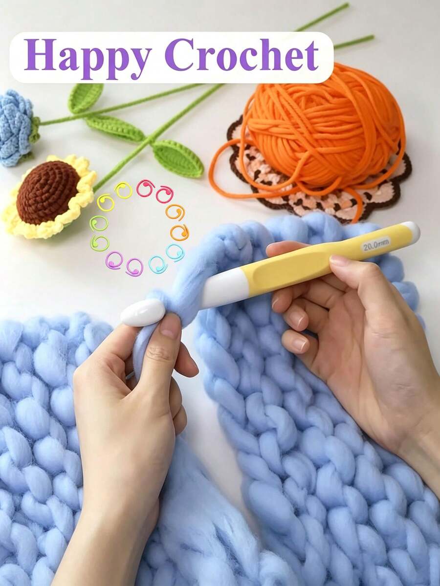 Ergonomic Soft Handle Crochet Hook Set With Stitch Markers, Suitable For Thick Yarn Large Size Hooks (6mm-20mm), DIY Knitting Tools For Making Blankets And Scarves
