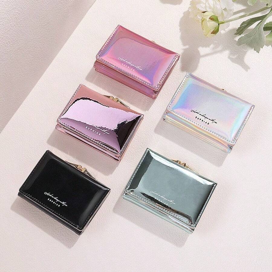 Party Laser Clip Coin Purse, INS Style Women's Multifunctional PU Card Holder, Solid Color Trifold Large Capacity Wallet - Multicolor - View 1