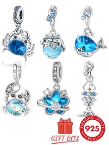 1 Stück S925 Sterling Silber Ozean Stil Anhänger Perle, blauer Kristall Krabbe, Delfin, kleiner Fisch, Seestern, Quallen Formen, transparenter blauer Zirkonia eingelegt, frischer Tiefseeton, mit Geschenkbox, geeignet für Armband Halskette, handgefertigter DIY Schmuck, vielseitiges Sommer Strand Accessoire - Verschiedenfarbig - Übersicht 1