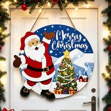 Santa Claus Round Wooden Door Hanging Merry Christmas Christmas Tree Gift Holiday Entrance Decor - A - View 5