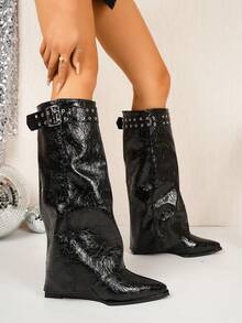 Women's Fashion Comfortable Pointed Toe Wedge Heel PU Decorative Buckle Elegant Slip-On Fashion Boots - Black - View 7