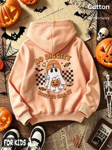 Halloween Girls' Thin Hoodie With Ghost, Pumpkin, Bat, Candy & Checkered Print, 'NO DIGGITY BOUT TO BAG IT' Text, - Hami Melon Orange - View 3