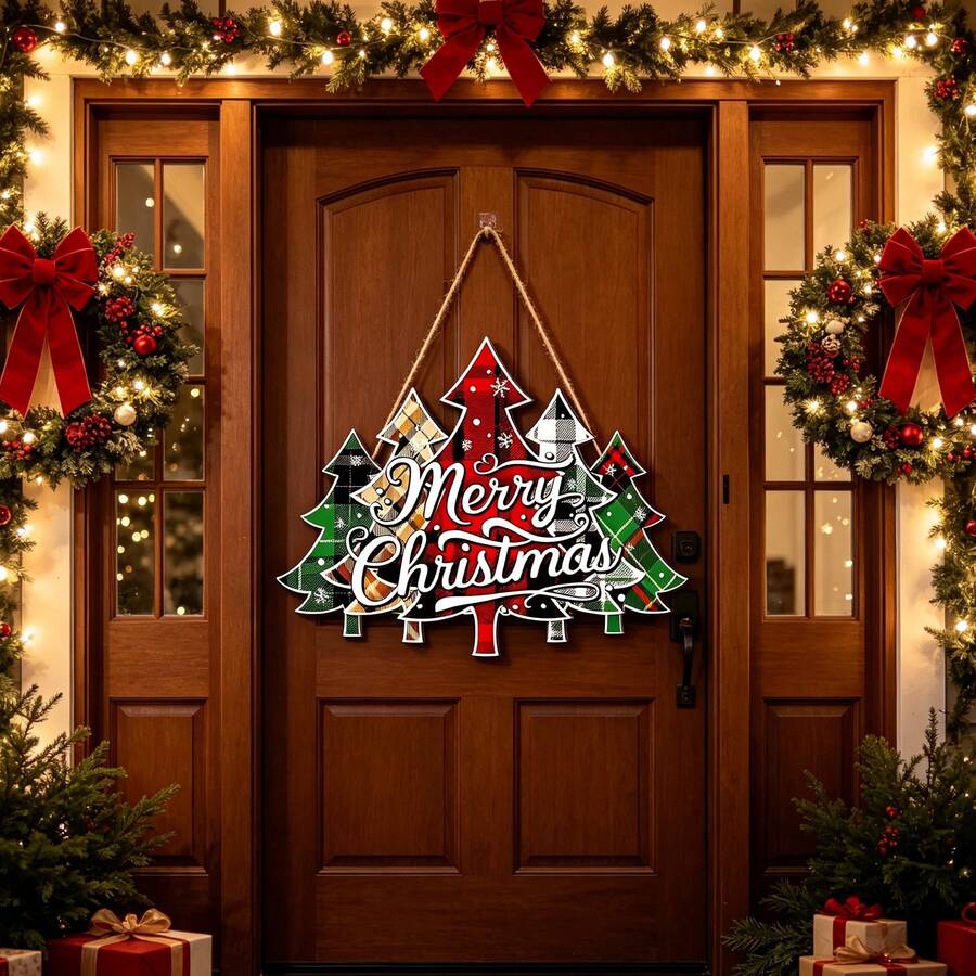 1pc Wooden Christmas Tree Shaped Merry Christmas Door Hanging Decoration, Holiday Entrance Decor - A - View 1