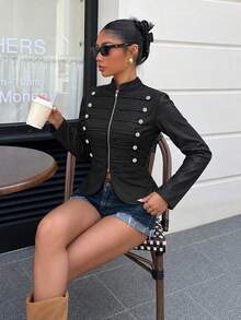 Women's Vintage Black Coated Fabric Baseball Jacket, Long Sleeve Low Collar Design, Autumn Decadent Style Outfit Choice - Black - View 3