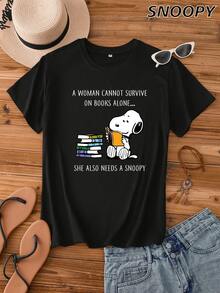 Casual Cute Snoopy Book Print Shirt A WOMAN CANNOT SURVIVE Letter Crew Neck T-Shirt Short Sleeve Shirt - Black - View 1