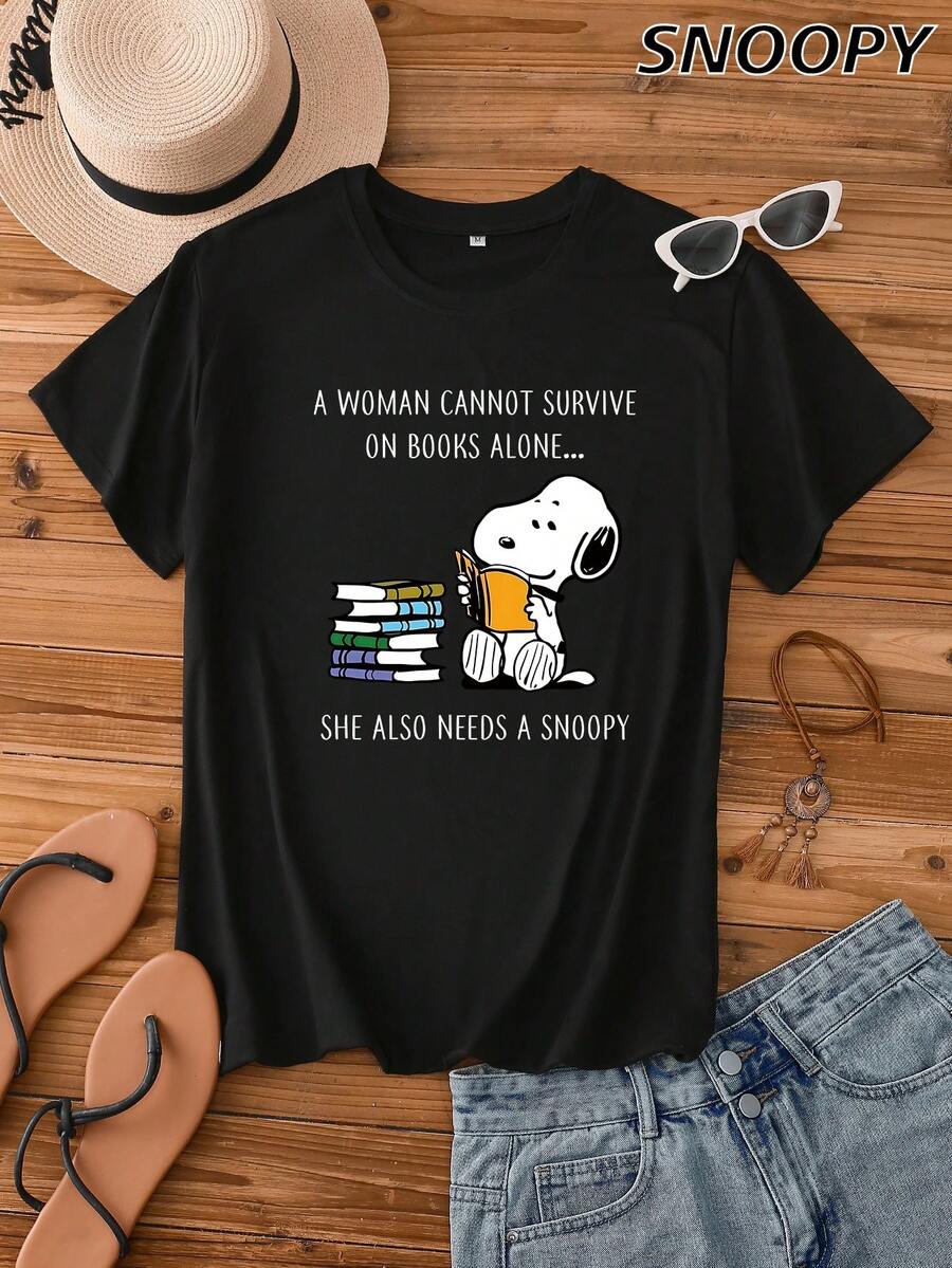 Casual Cute Snoopy Book Print Shirt A WOMAN CANNOT SURVIVE Letter Crew Neck T-Shirt Short Sleeve Shirt - Black - View 1