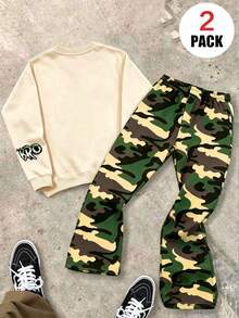 Große Jungen Graffiti Buchstaben Muster Rundhals Sweatshirt + Camouflage Weite Hose 2-teiliges Set, Herbst/Winter Outfit, Campus Stil, Schulanfang Look - Aprikosenfarben - Übersicht 2